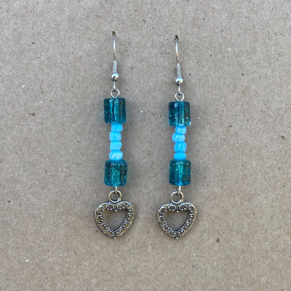 Handmade bead and heart charm earrings